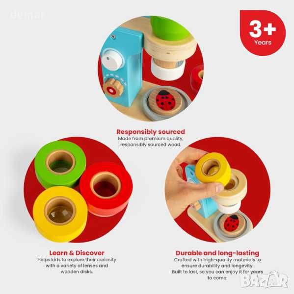 Bigjigs Toys Дървена играчка микроскоп от 14 части с 3 лещи