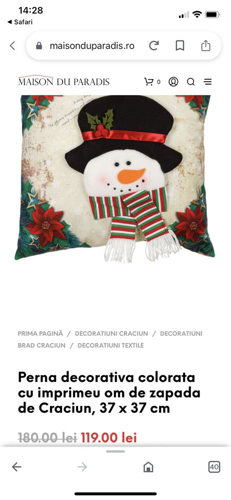 Perna decorativa Craciun Happy Snowman, model in relief, bej/verde 37x