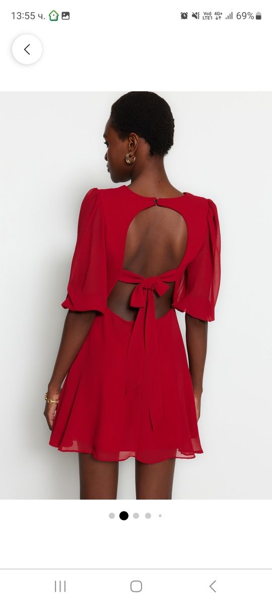 Червена НОВА рокля Trendyol с буфан ръкави и панделка на гърба