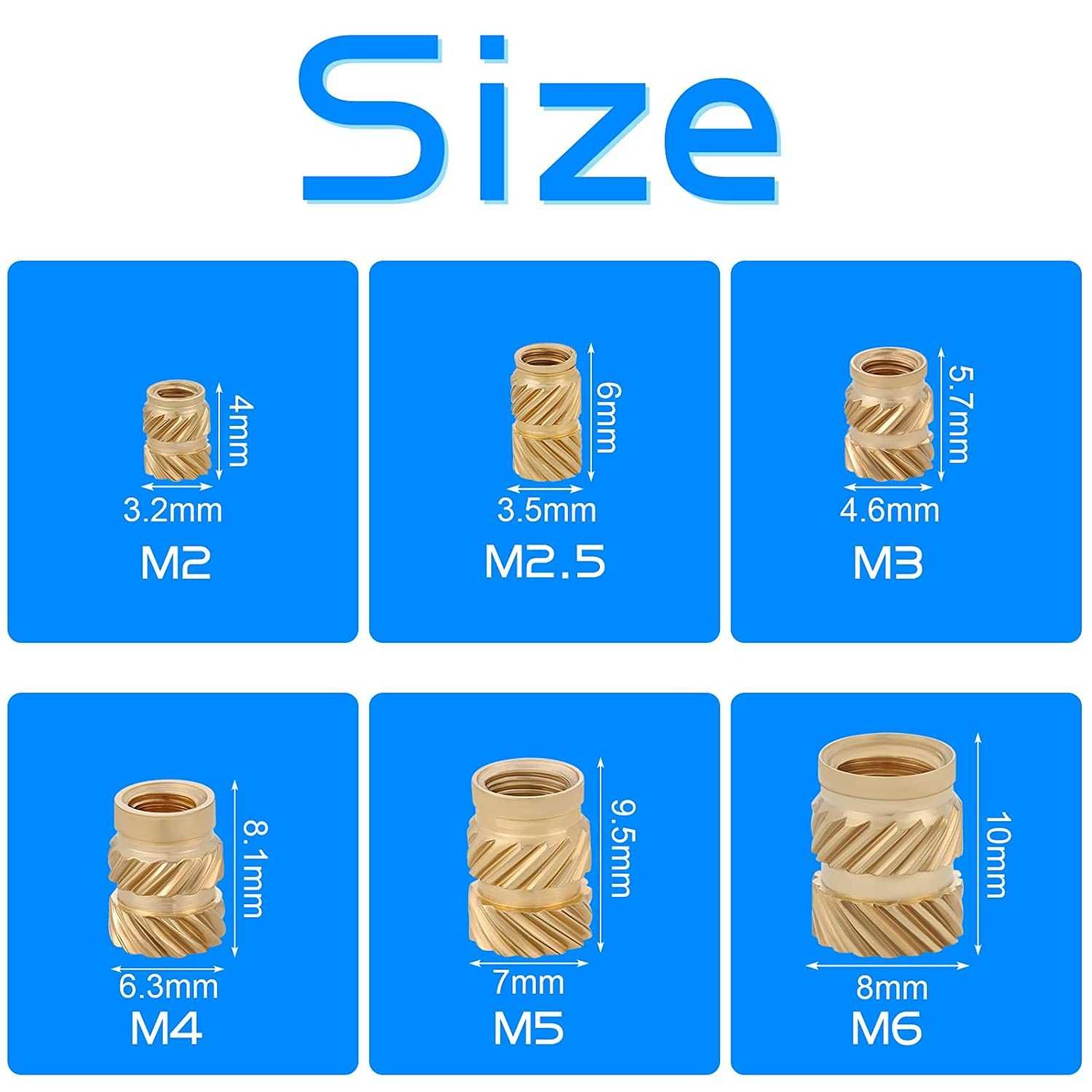 Set 390 piulite moletate din alama cu insert filetat, M2 la M6