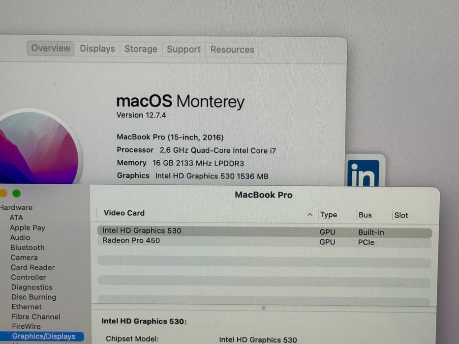 MacBook Pro 15 TouchBar`Core i7-6700HQ/16GB RAM/256GB SSD/AMD Pro 450