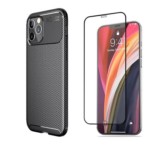 Iphone 13/14/15/16E/17 PRO MAX Husa Carbon Neagra + Folie Sticla Curba
