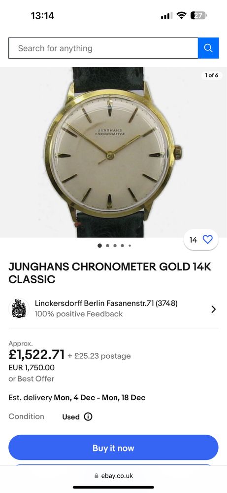 Златен часовник Junghans Hcronometer 14K. Gold