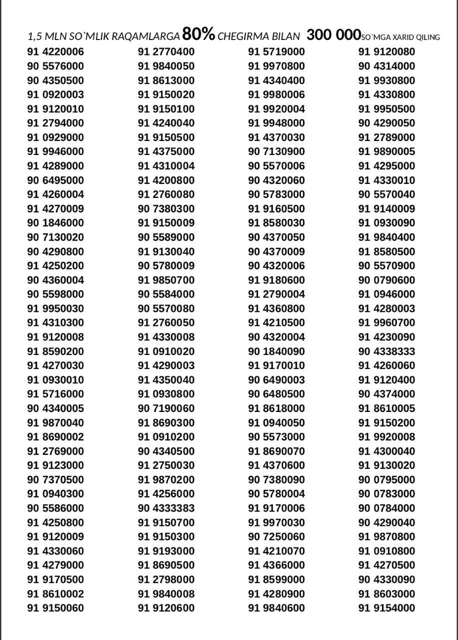 Beelinedan chiroyli raqamlarga 80% chegirmada