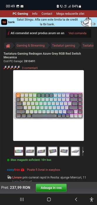 Tastatura Gaming Redragon Azure Grey RGB Red Switch Mecanica