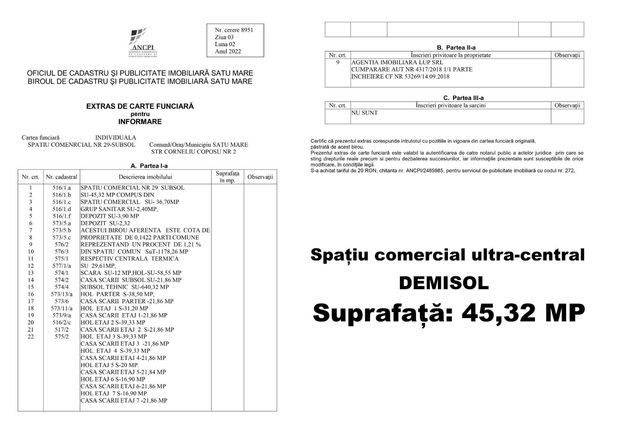 Vând spațiu comercial ULTRA-CENTRAL la demisol 45,32mp în Satu Mare