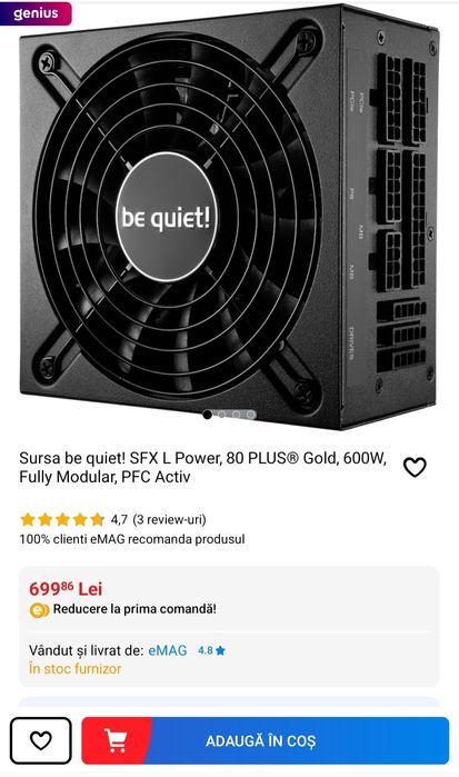 Sursa gaming Be Quiet SFX L putere 600W Gold full modular la cutie