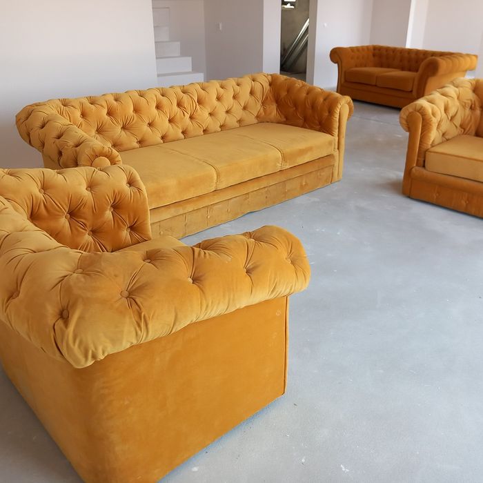Set Chesterfield canapea și fotolii catifea galben/mustar
