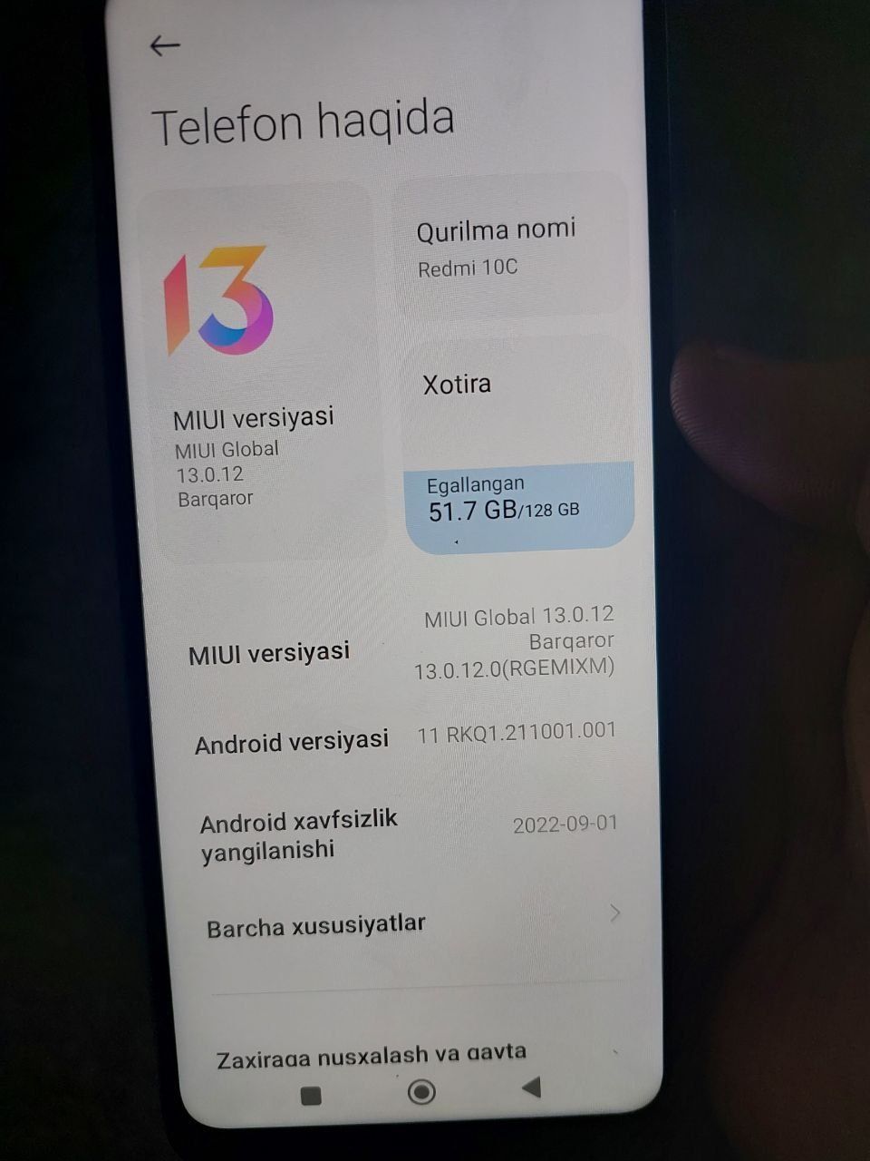 Telefon ideal holati alo 4+2/128 xotira karobka dakument bor + chexol