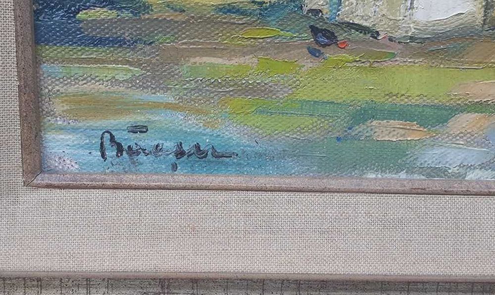 Tablou vechi - curte cu pasari domestice - semnat Baesu