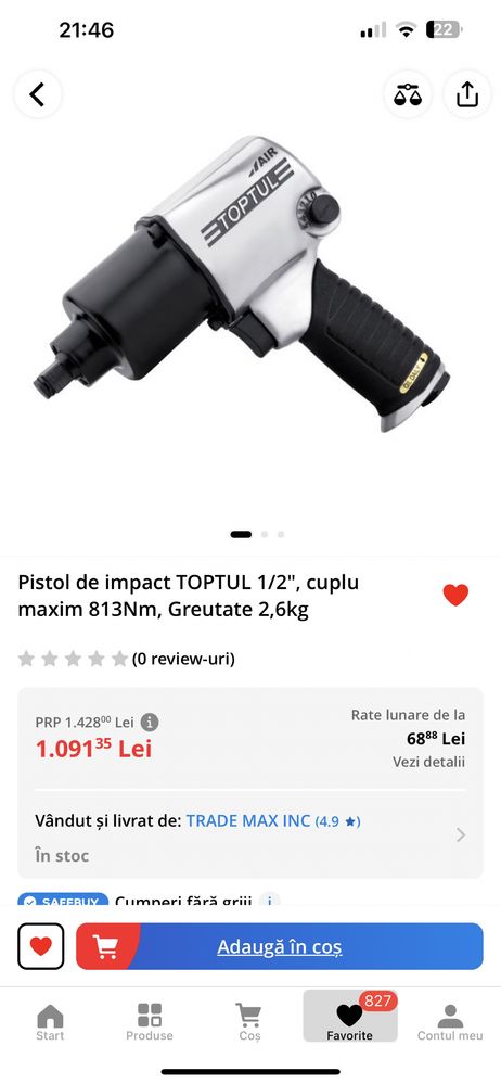 Pistol de impact TOPTUL 1/2", 813Nm, 2,6kg pistol pneumatic