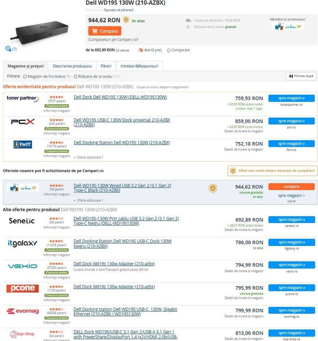 Docking Station / Port replicator DELL WD19S NOU, livrare gratuita