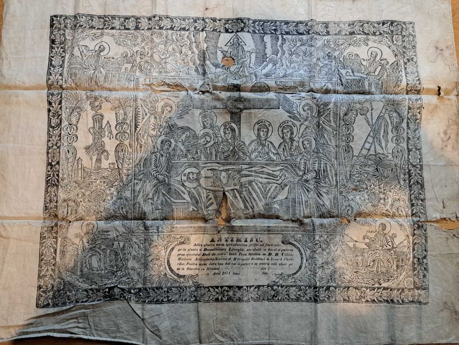 Antimis vechi semnat de Mitropolitul Moldovei Calinic Miclescu 1871