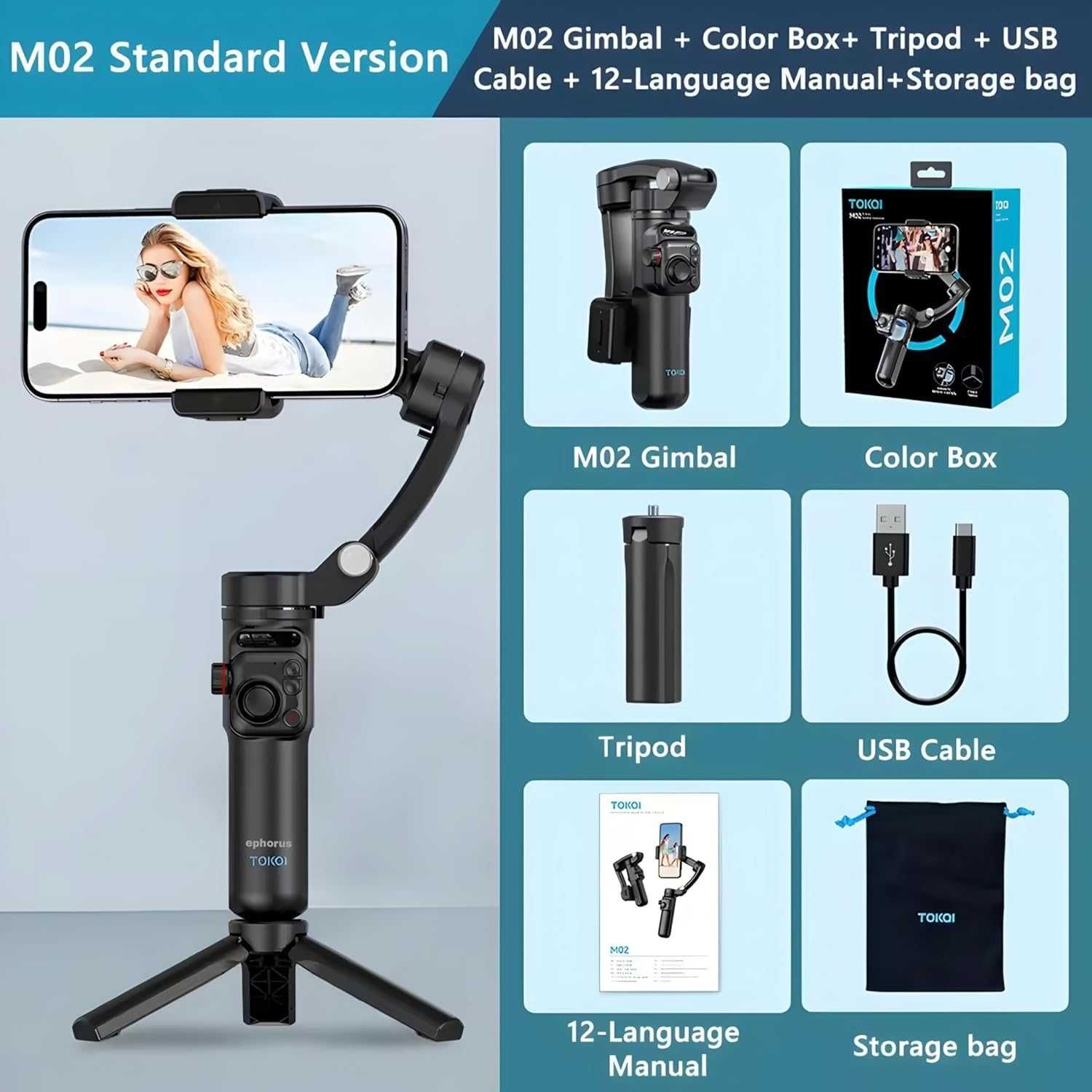Gimbal TOKQI M02 AI 3-осен сгъваем гимбал селфи стик с дистанционно