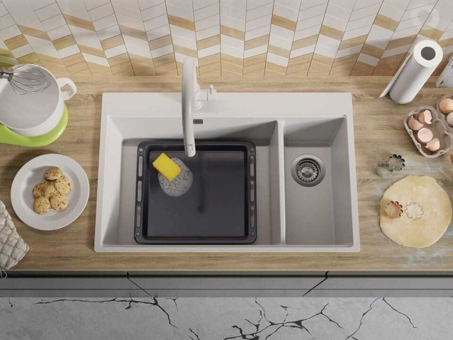 Бяла кухненска гранитна мивка Осло 80 Duo Top 780x500 мм