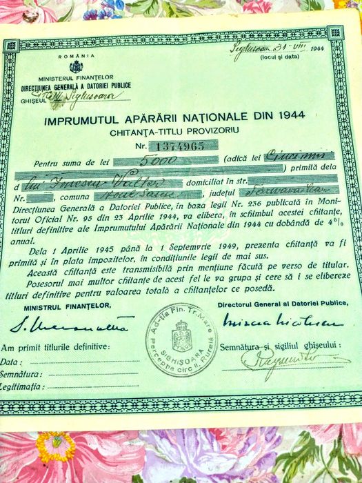 3*Act 1913/Regatul României&Act Imprumutul apărării nationale 1944