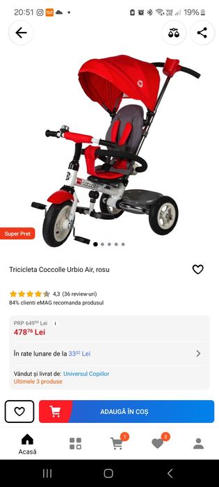 Vand tricicleta copii coccolle urbio air