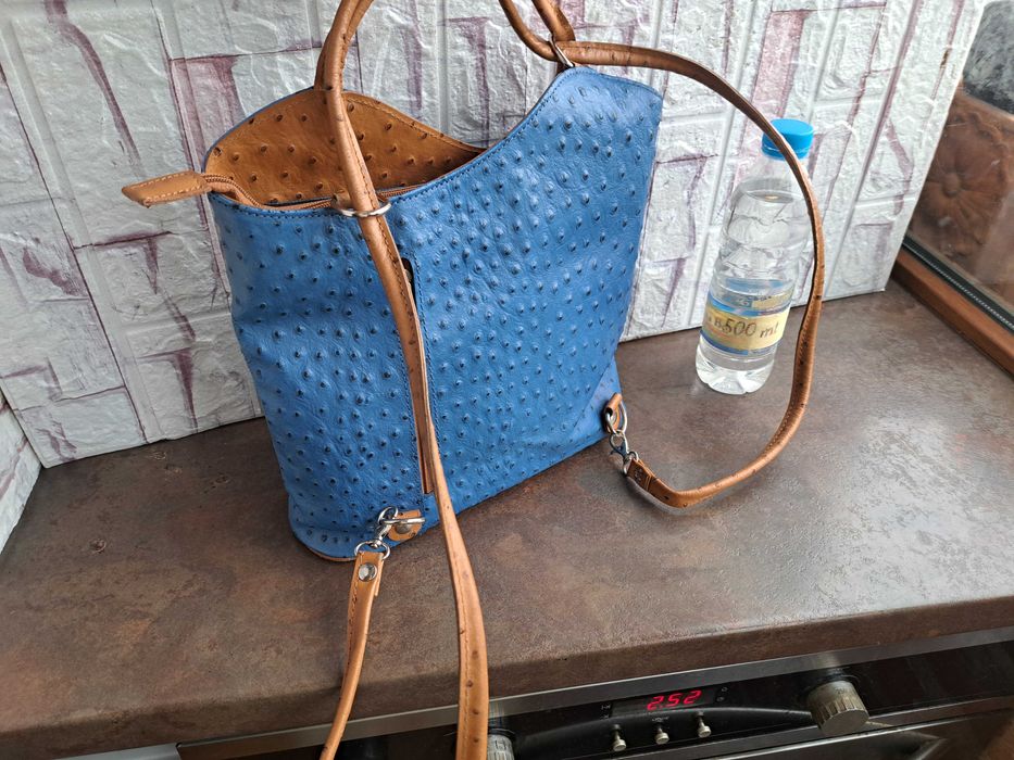 дамска чанта,раница,синя,кожена-естествена кожа