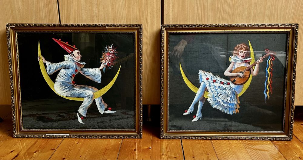 Pereche tablouri vintage în ulei – rame aurii, 45×40 cm