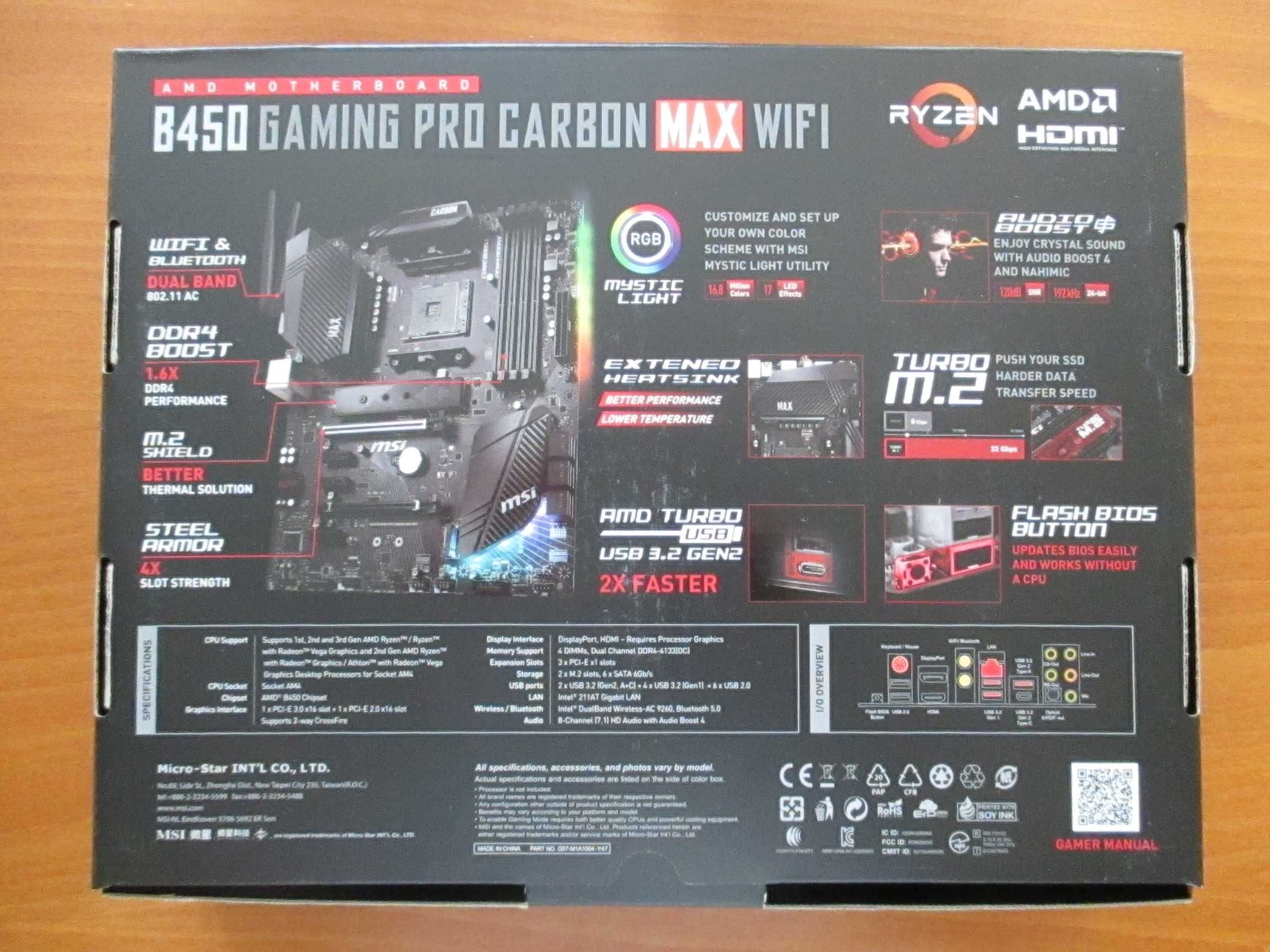 Дънна платка MSI B450 GAMING PRO CARBON MAX WiFi, сокет АМ4
