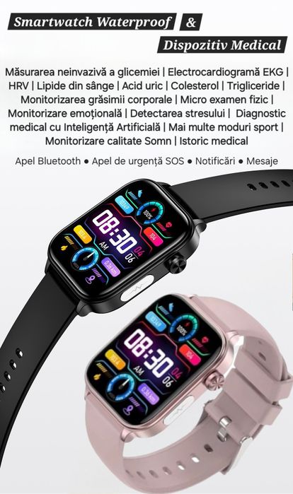 Smartwatch Medical Roz. Analize fără ac: glicemie, colesterol, EKG etc