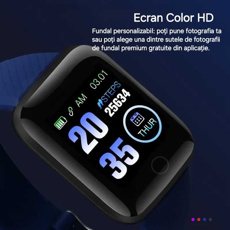 Smart watch. Zeci de funcții fitness&sănătate. Bleumarin. Pătrat.