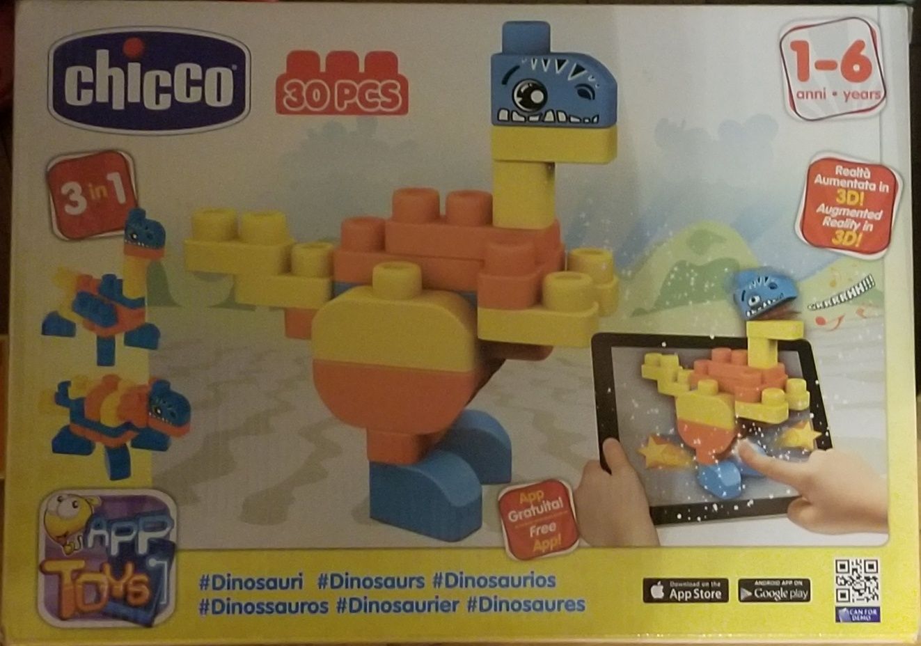 Jucarie Chicco App set 30 piese constructie 3D Dinozauri, 12luni+