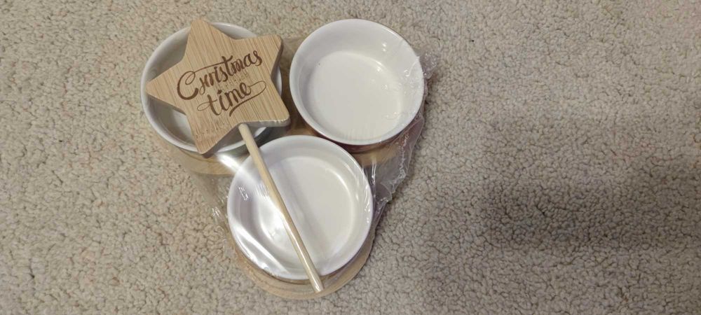 Set servire 4 piese platou bambus 3 boluri portelan Craciun sigilat