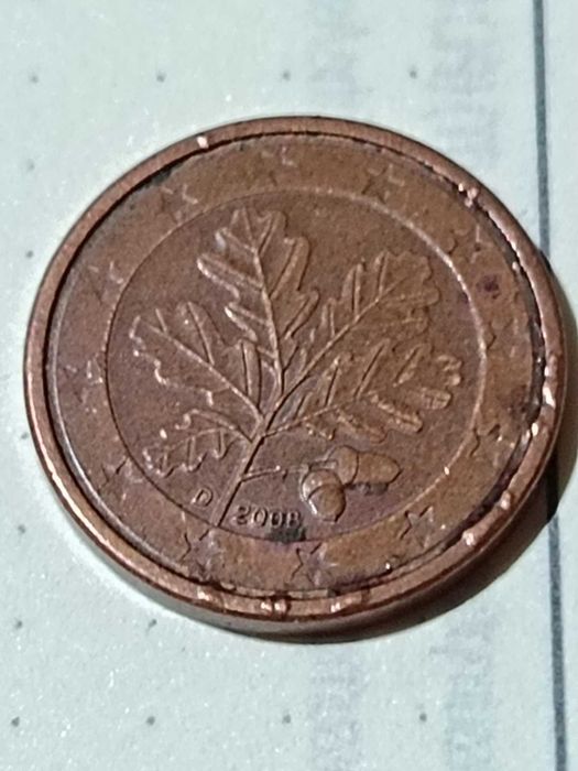 монета 1 евро цента 2008 (die break) (collar cud/rim cud)