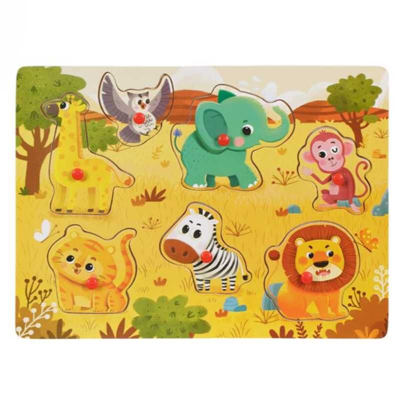 Puzzle educativ din lemn, 7 Animale salbatice, 33x22 cm, 1 an +