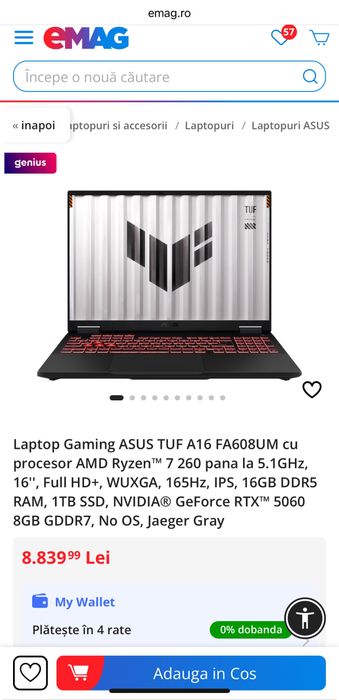 Laptop Gaming Asus Tuf A16 Ryzen 7 260 RTX 5060 Ram 32GB Ssd 1TB Nou