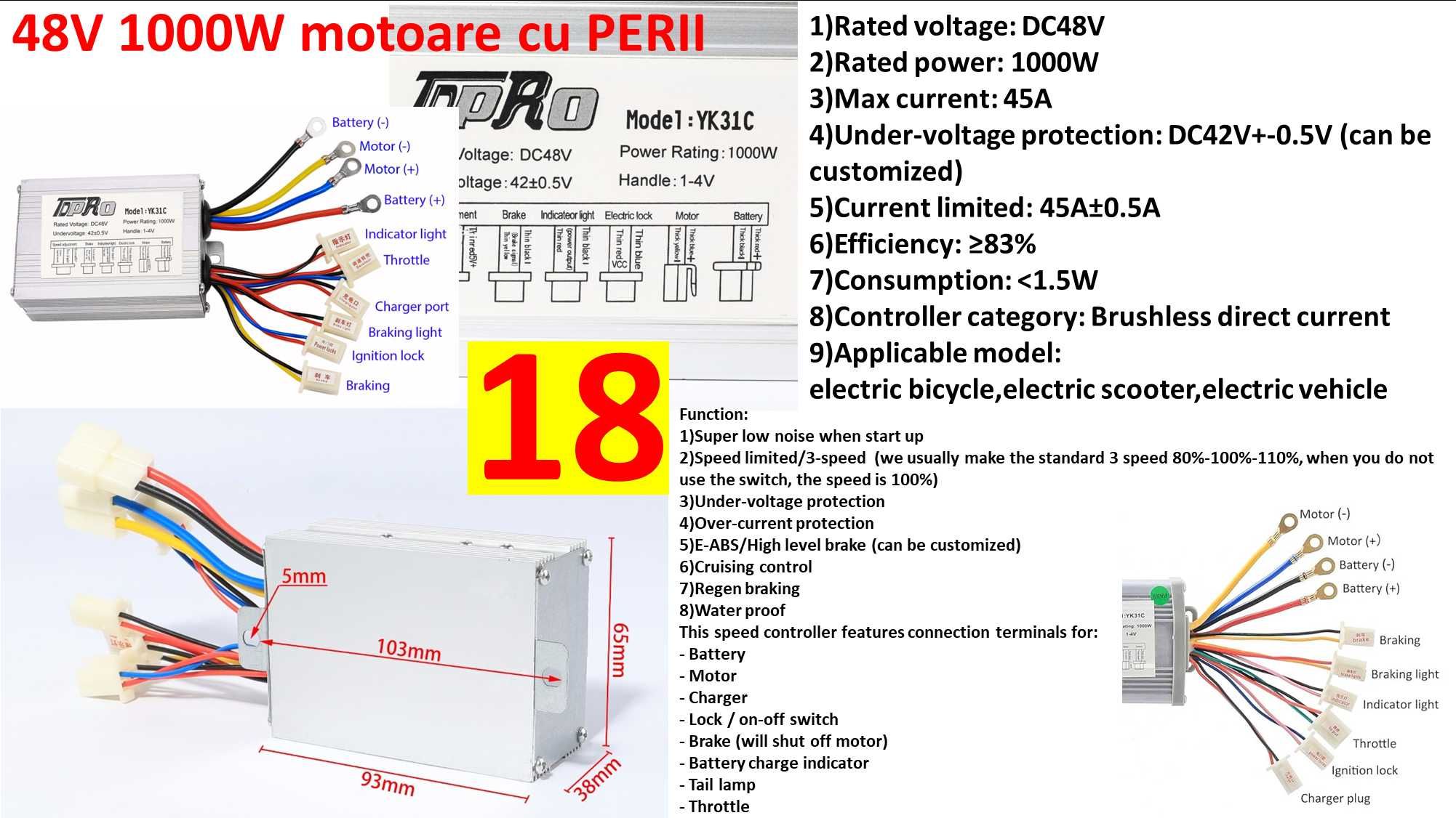 Controler bicicleta electrica scuter 500W 600W 48V 60V 64V 1500W. Nou!