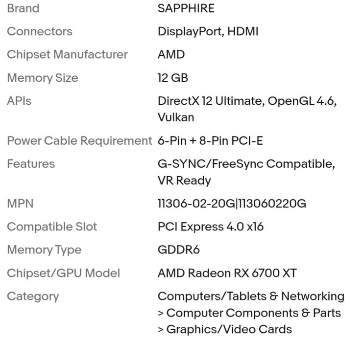 SAPPHIRE PULSE Radeon RX 6700 XT 12GB GDDR6 Placa Video Gaming AMD