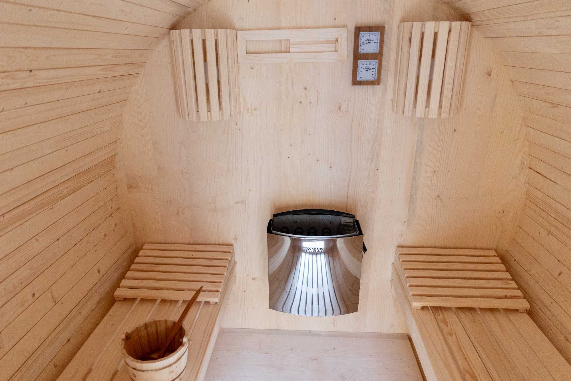 Sauna tip butoi exterior din lemn