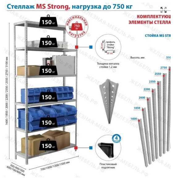 Стеллаж MS STRONG 2000×1000×400 — 4 полки, 150 кг/полка