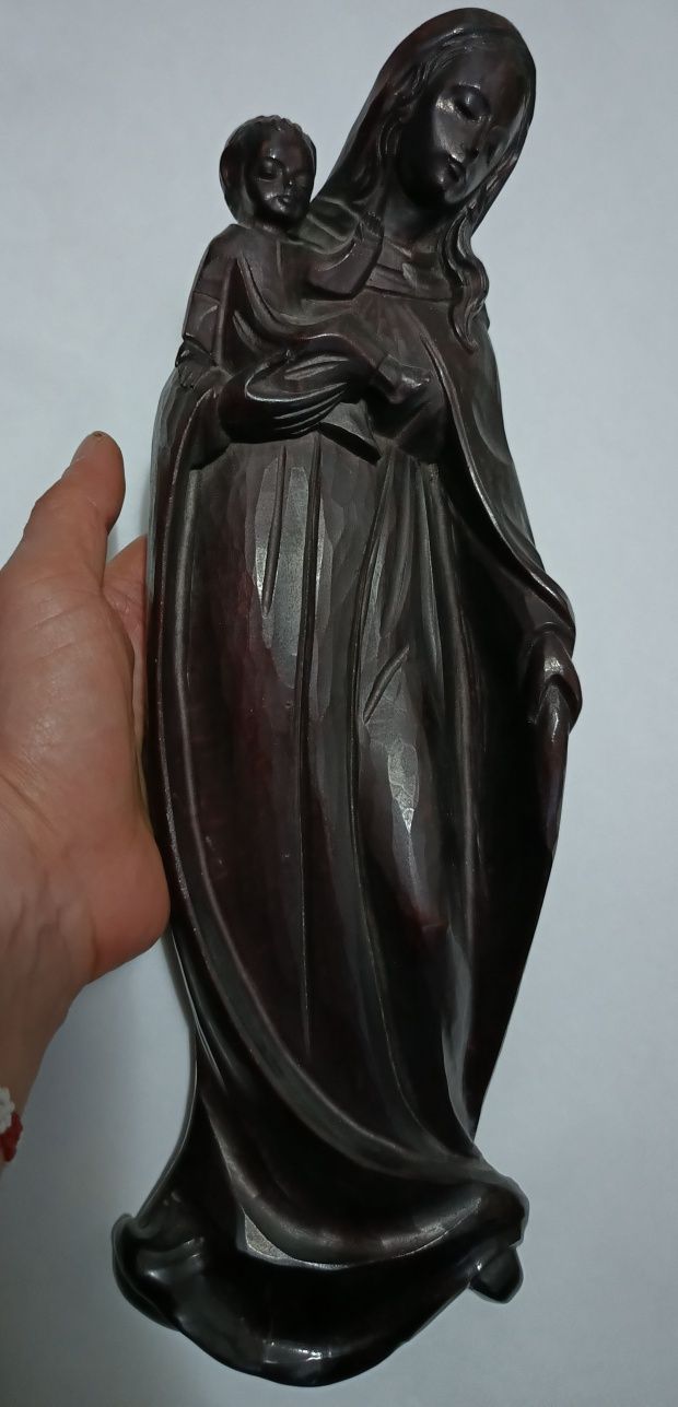 Statuetă veche Maica Domnului cu Pruncul sculptată în abanos.