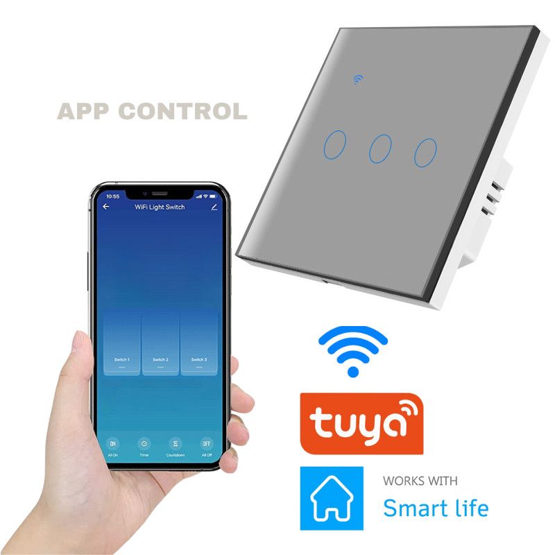 Intrerupator smart touch iUni 3F, Wi-Fi, Sticla, LED, Silver