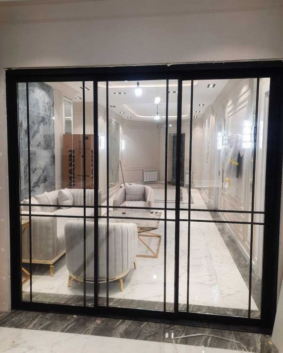 Стеклянные раздвижные перегородки в стиле лофт. Loft uslubidagi eshik.