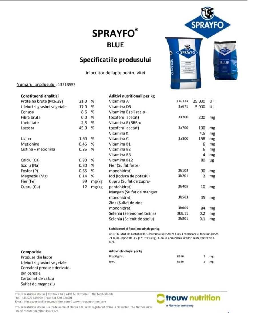 Lapte praf pentru vitei Sprayfo Blue, sac 20 kg