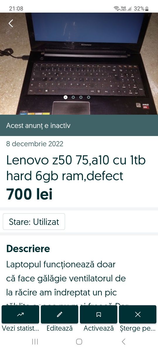 Lenovo z50 75 cu proc a10,hard 1 tb 6gb ram defect ventilatorul