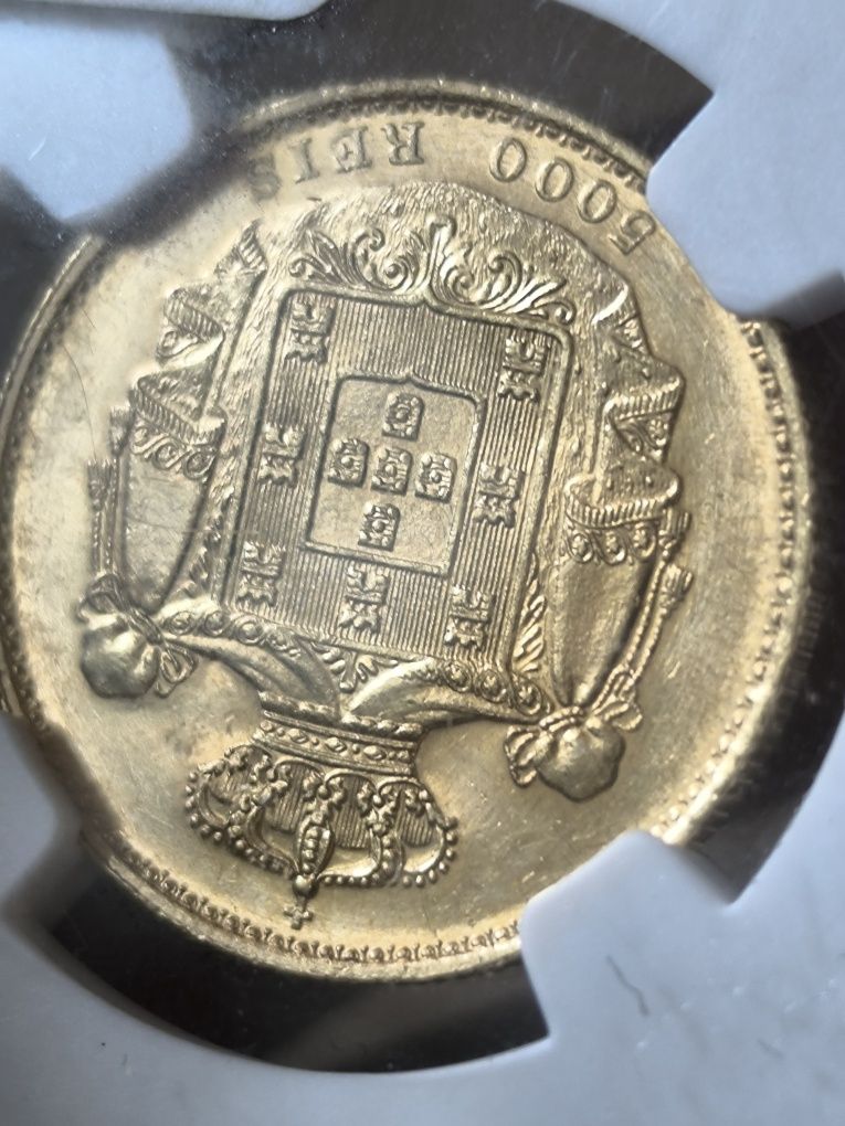 5 000 рейс1887 год, Португалия,Луиш I, злато 8.87 гр,917/1000 MS 62