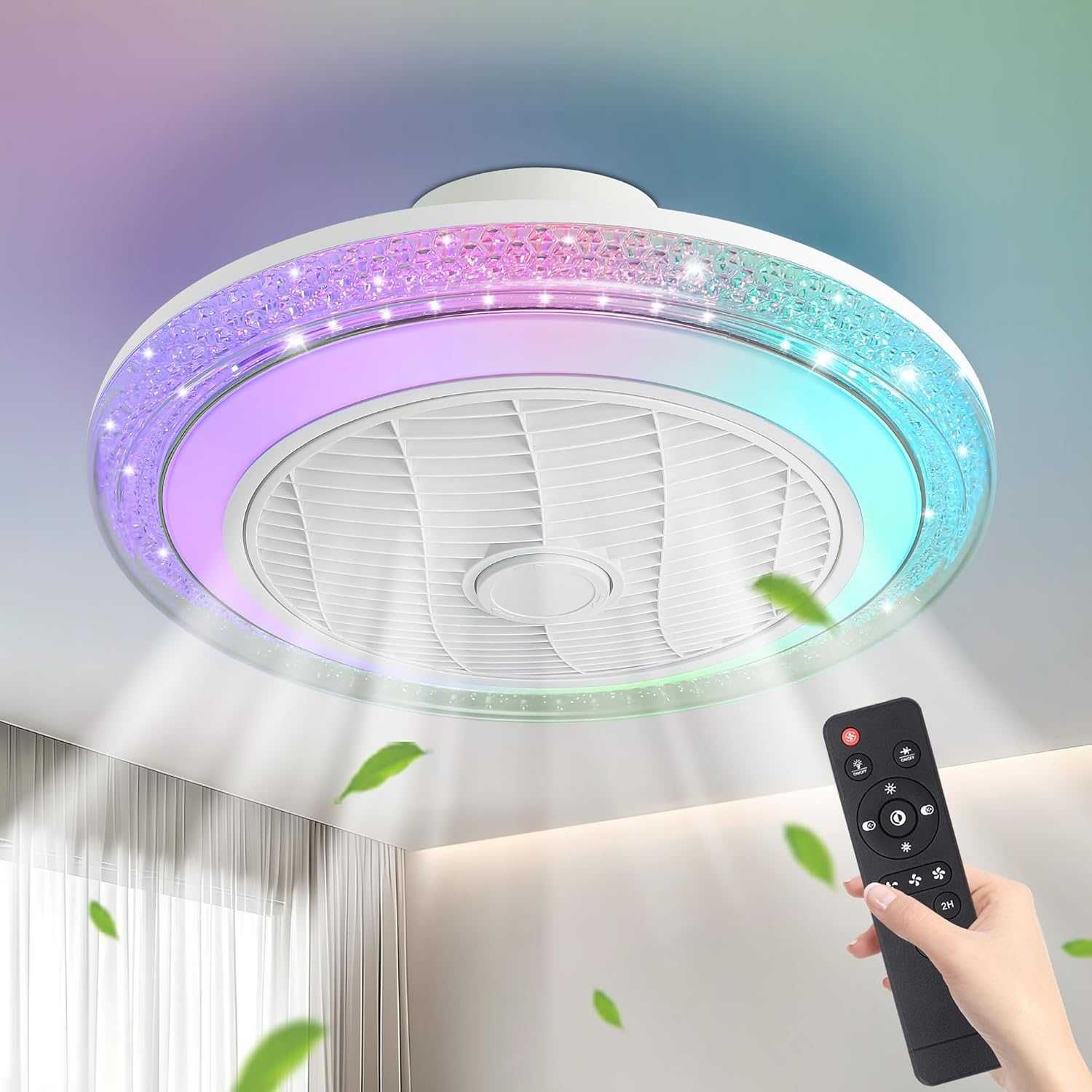 Вентилатор за таван със светлини RGB, 50 см модерен LED, бял