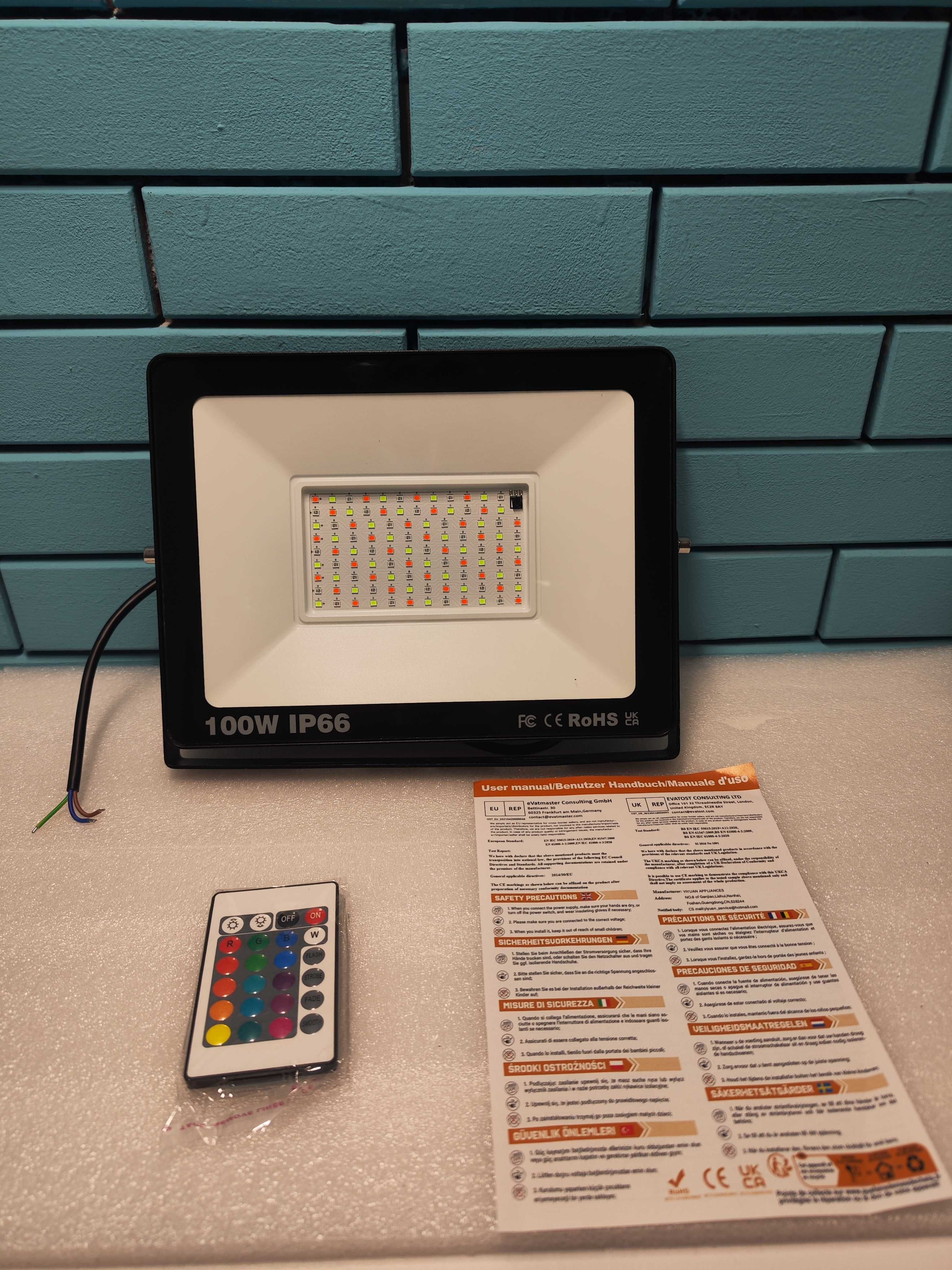 RIGIDON 100W RGB LED Прожектор, 10000LM, Дистанционно, IP66