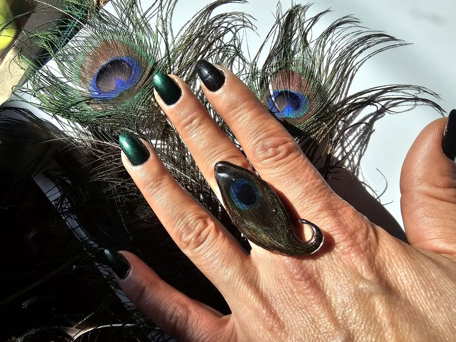 Ръчно изработени, регулируеми гривна и пръстен и обеци с паунови пера,