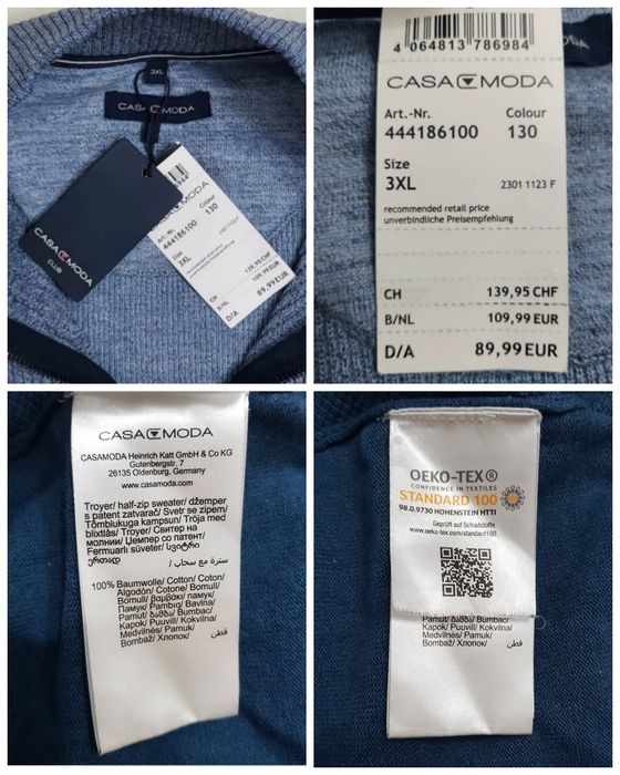 Pulover nou tricotat CASAMODA cu fermoar scurt, 100% bumbac nr 3XL men