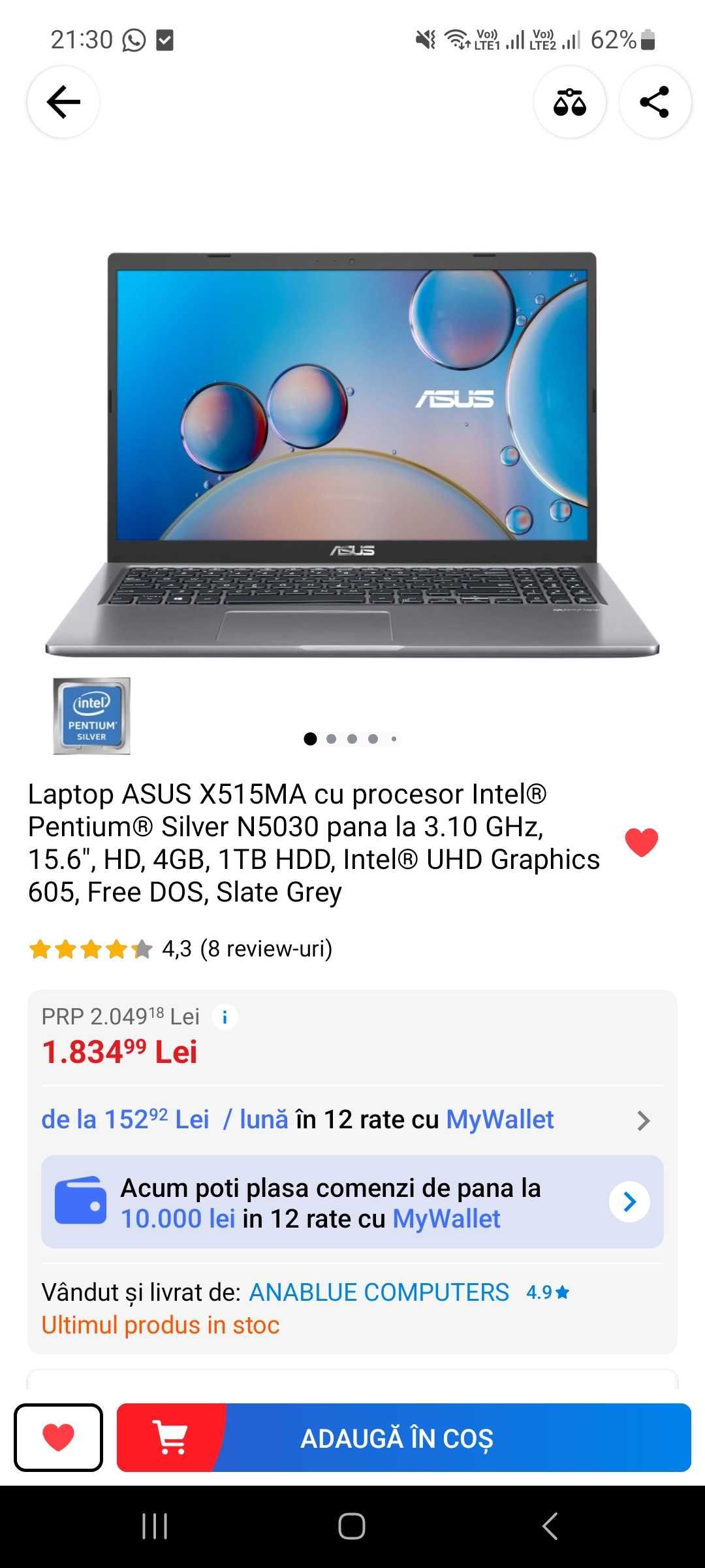 Laptop ASUS X515MA Intel Pentium Silver N5030 > 3.10 GHz, 4GB, 1TB HDD