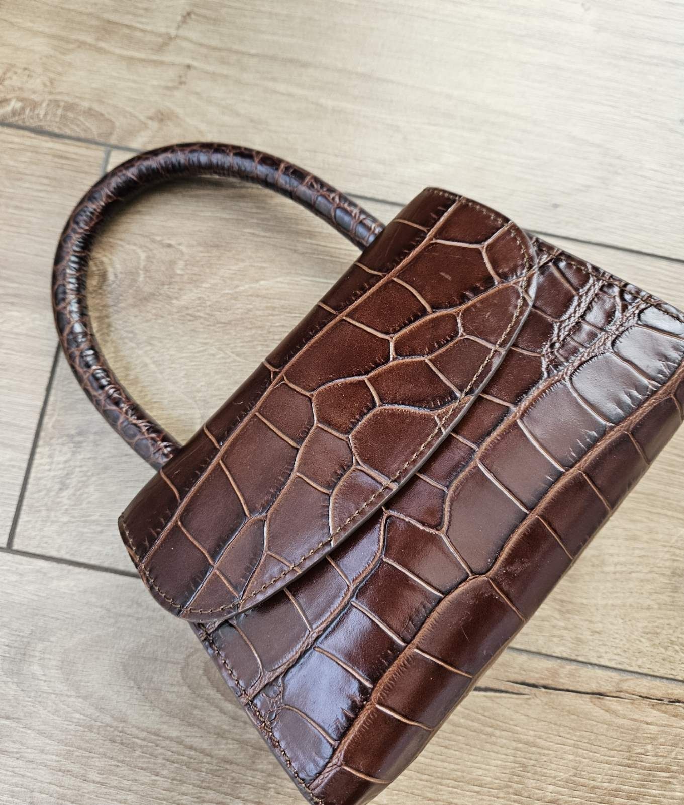 Чанта BY FAR Brown Mini Nutella Croco Top Handle Bag