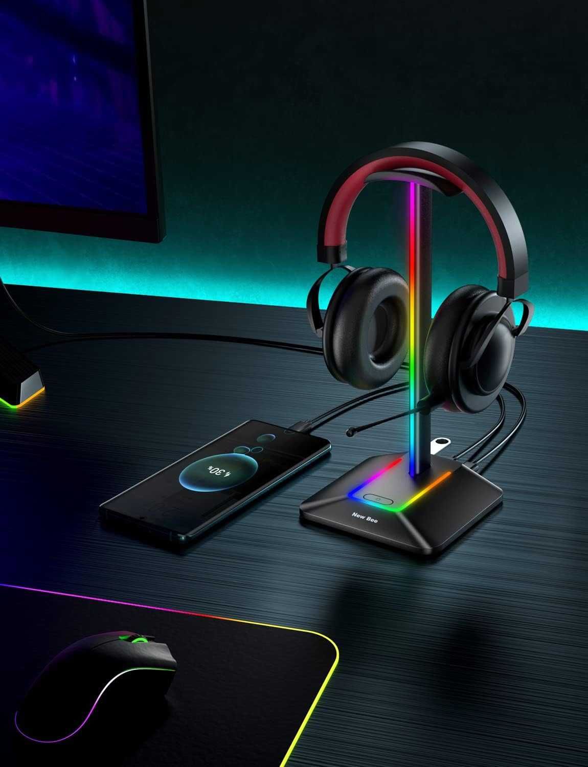 New BEE RGB стойка за слушалки с LED подсветка и зарядни портове