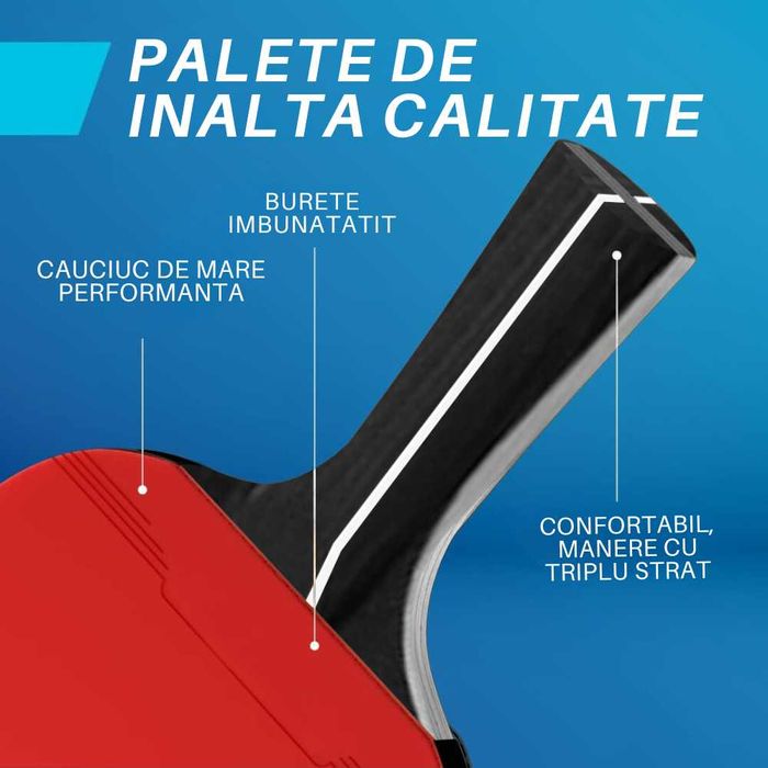 Set Complet Ping Pong, 4 Palete Tenis de Masa 8 Mingi, Fileu si Geanta