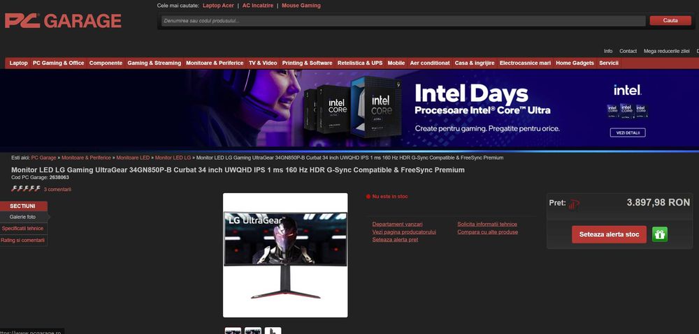 Monitor Gaming IPS LG UltraGear 34GN850P-B, 34", Ultra Wide QHD, 160Hz